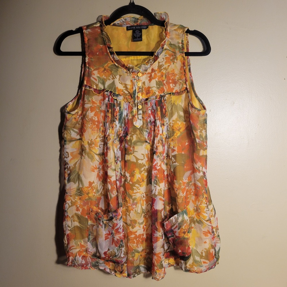 Elena Solano Yellow Orange Floral 100% Silk Sleeveless Ruffle‎ Blouse Large L